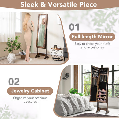 Freestanding Jewelry Cabinet Armoire with Full-Length Mirror and Storage Organizer for Accessories – Brown