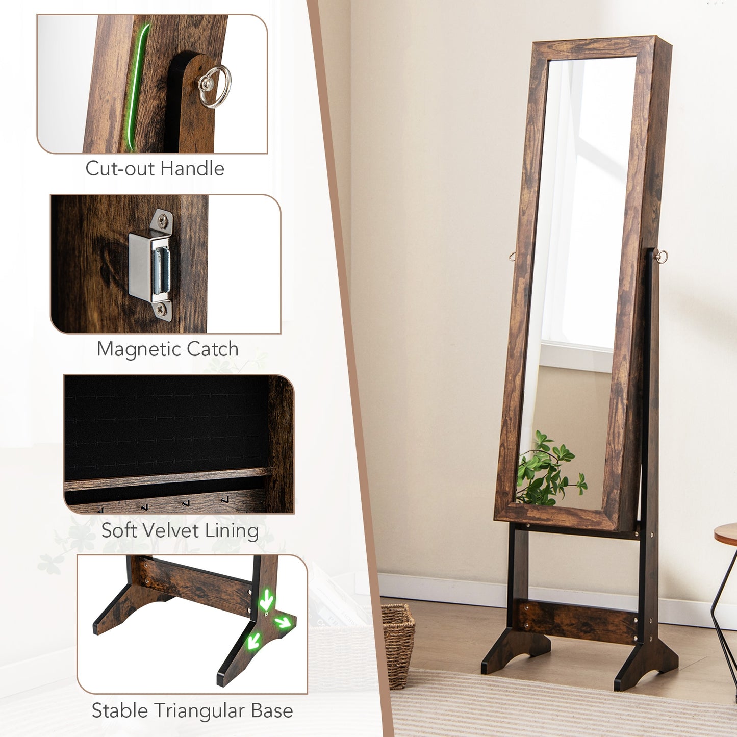Freestanding Jewelry Cabinet Armoire with Full-Length Mirror and Storage Organizer for Accessories – Brown
