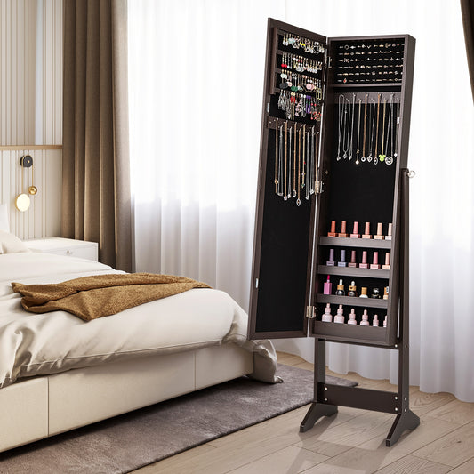 Freestanding Jewelry Cabinet Armoire with Full-Length Mirror and Storage Organizer for Accessories – Rustic Brown