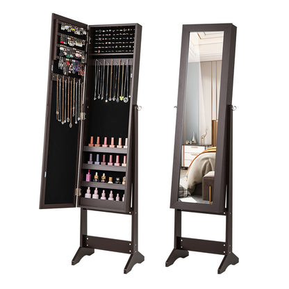 Freestanding Jewelry Cabinet Armoire with Full-Length Mirror and Storage Organizer for Accessories – Rustic Brown