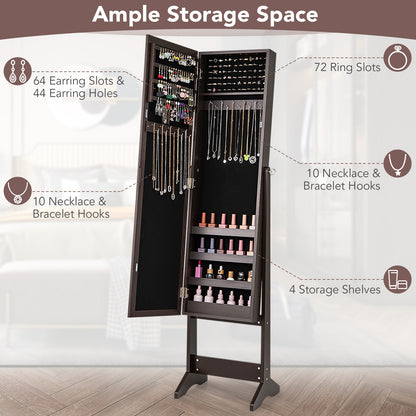 Freestanding Jewelry Cabinet Armoire with Full-Length Mirror and Storage Organizer for Accessories – Rustic Brown