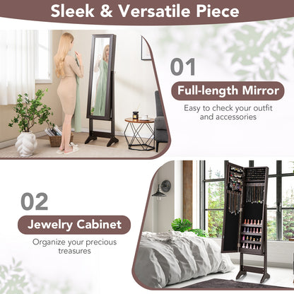 Freestanding Jewelry Cabinet Armoire with Full-Length Mirror and Storage Organizer for Accessories – Rustic Brown
