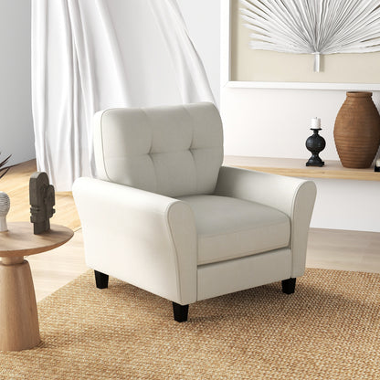 Comfortable Linen Upholstered Armchair with Rubber Wood Legs, Beige