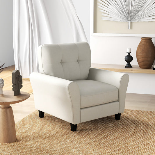 Comfortable Linen Upholstered Armchair with Rubber Wood Legs, Beige