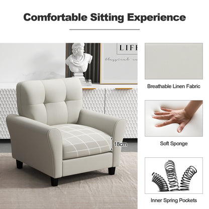 Comfortable Linen Upholstered Armchair with Rubber Wood Legs, Beige