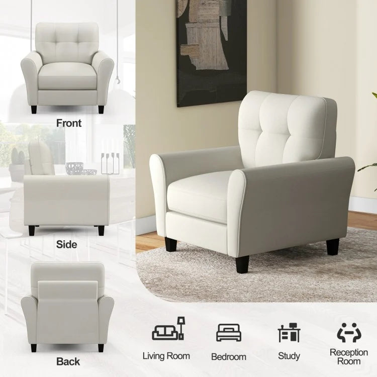 Comfortable Linen Upholstered Armchair with Rubber Wood Legs, Beige