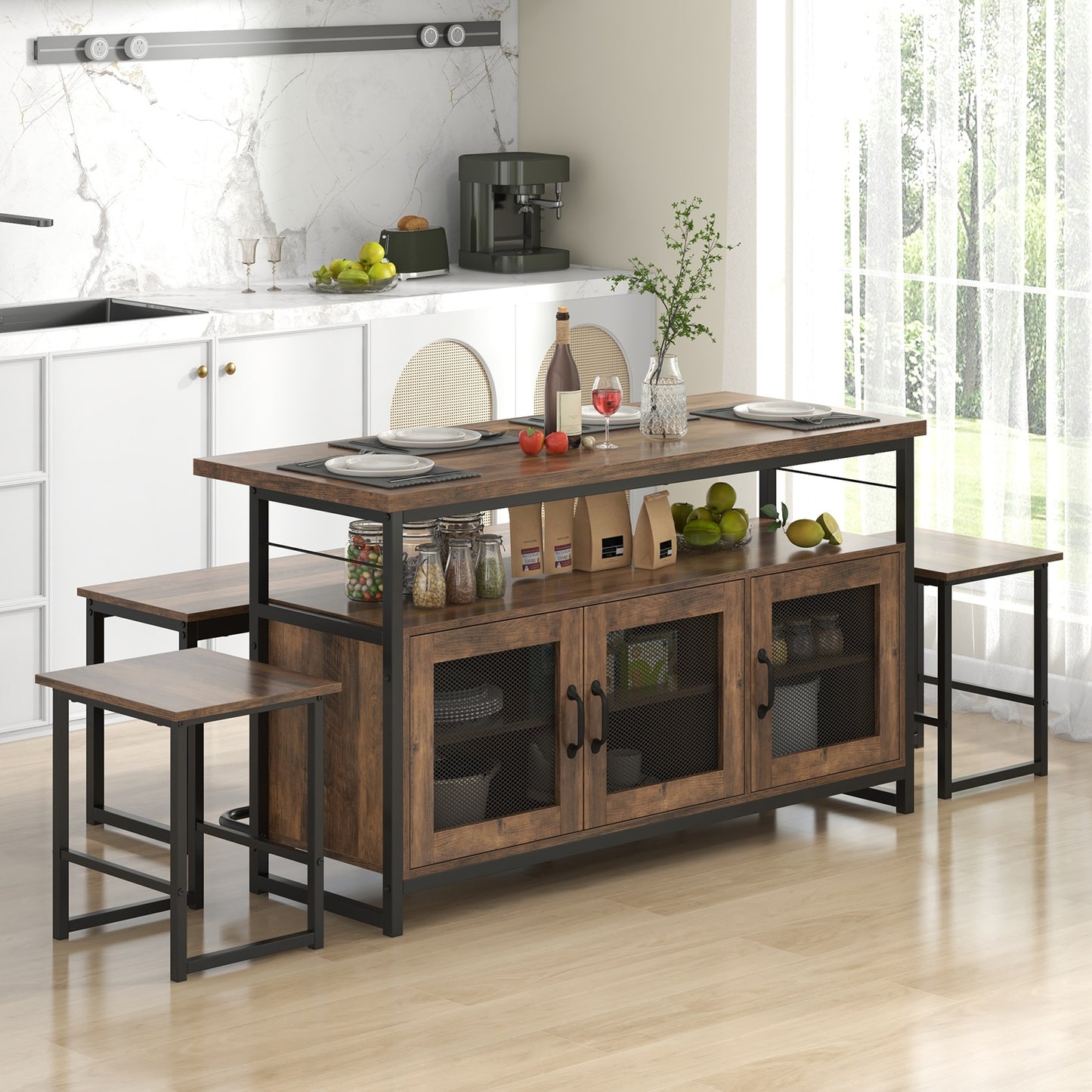 4 Piece Kitchen Island Dining Set with Storage Cabinet Bench and Chairs