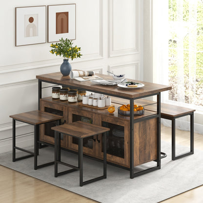 4 Piece Kitchen Island Dining Set with Storage Cabinet Bench and Chairs
