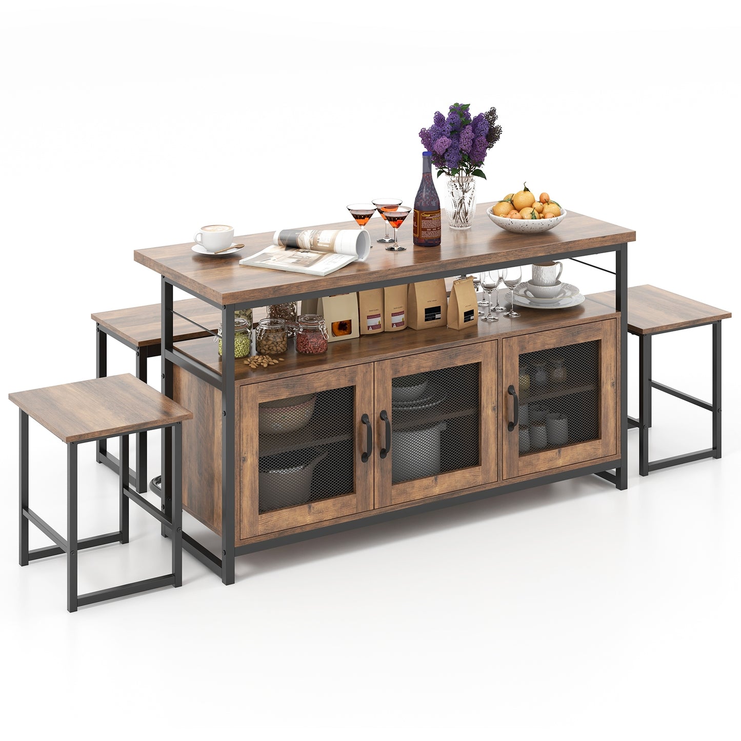 4 Piece Kitchen Island Dining Set with Storage Cabinet Bench and Chairs