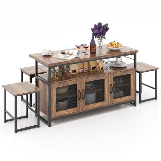 4 Piece Kitchen Island Dining Set with Storage Cabinet Bench and Chairs