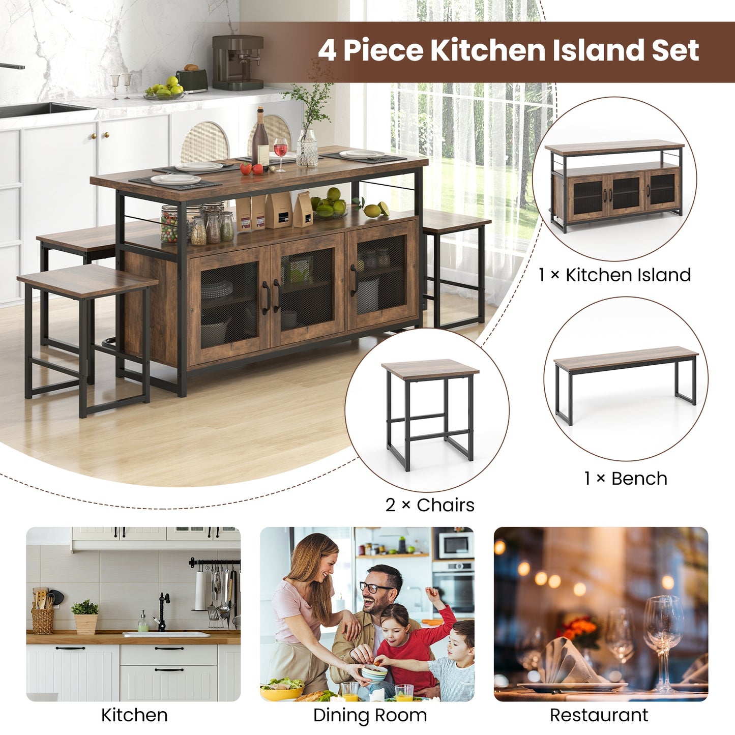 4 Piece Kitchen Island Dining Set with Storage Cabinet Bench and Chairs