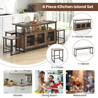 4 Piece Kitchen Island Dining Set with Storage Cabinet Bench and Chairs