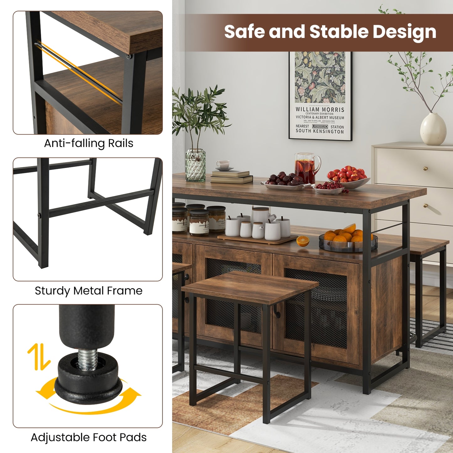 4 Piece Kitchen Island Dining Set with Storage Cabinet Bench and Chairs