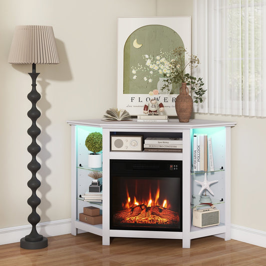 Corner TV Stand with Built-In Electric Fireplace and Smart LED Lights for TVs up to 50 Inches - White
