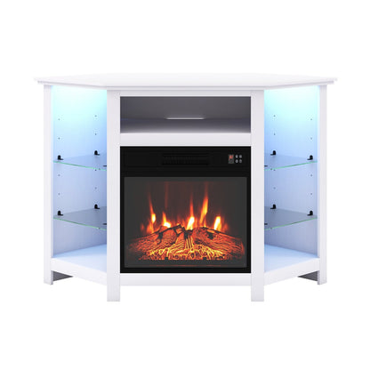 Corner TV Stand with Built-In Electric Fireplace and Smart LED Lights for TVs up to 50 Inches - White