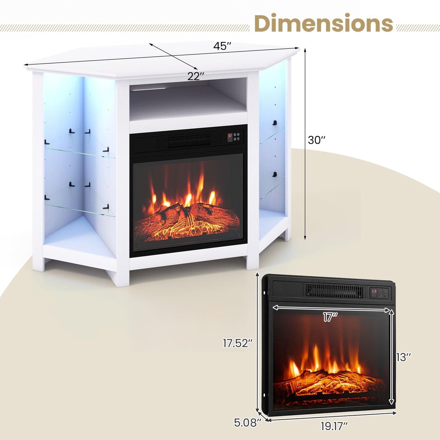 Corner TV Stand with Built-In Electric Fireplace and Smart LED Lights for TVs up to 50 Inches - White