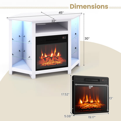 Corner TV Stand with Built-In Electric Fireplace and Smart LED Lights for TVs up to 50 Inches - White