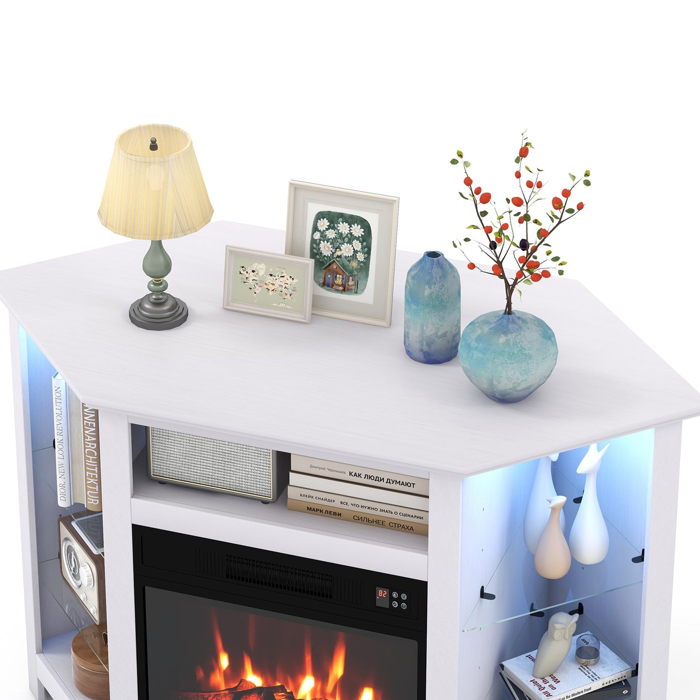 Corner TV Stand with Built-In Electric Fireplace and Smart LED Lights for TVs up to 50 Inches - White