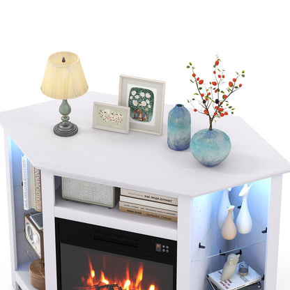Corner TV Stand with Built-In Electric Fireplace and Smart LED Lights for TVs up to 50 Inches - White