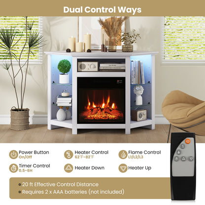 Corner TV Stand with Built-In Electric Fireplace and Smart LED Lights for TVs up to 50 Inches - White