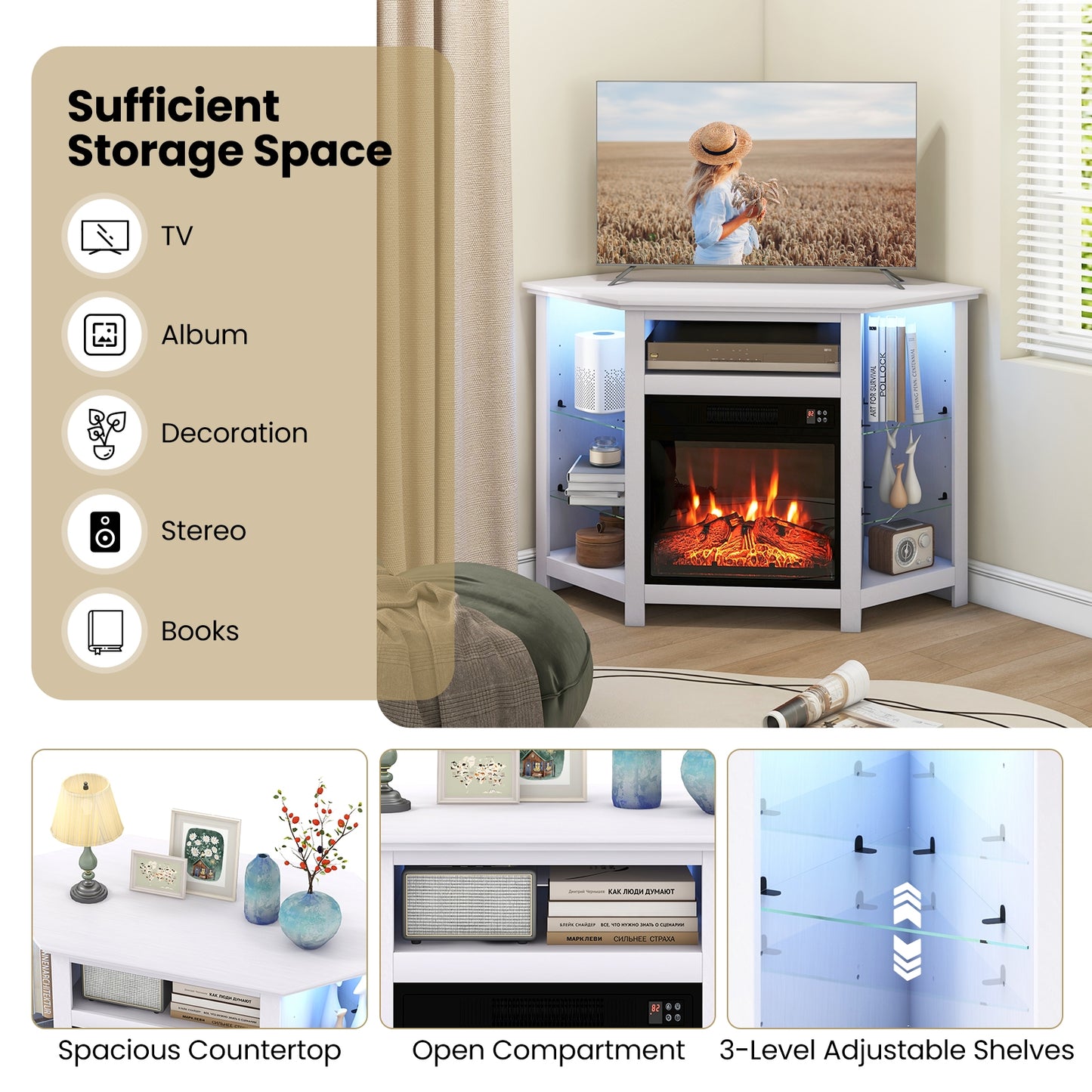 Corner TV Stand with Built-In Electric Fireplace and Smart LED Lights for TVs up to 50 Inches - White