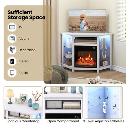 Corner TV Stand with Built-In Electric Fireplace and Smart LED Lights for TVs up to 50 Inches - White