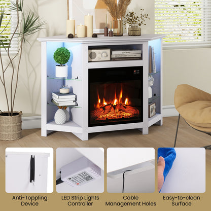 Corner TV Stand with Built-In Electric Fireplace and Smart LED Lights for TVs up to 50 Inches - White
