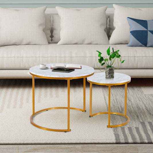 Set of 2 Stacking Round Coffee Tables with Vintage Finish and Metal Frame, Golden
