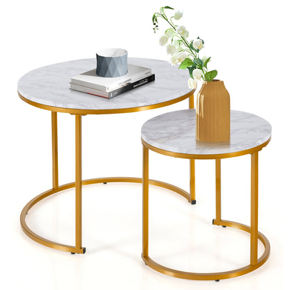 Set of 2 Stacking Round Coffee Tables with Vintage Finish and Metal Frame, Golden