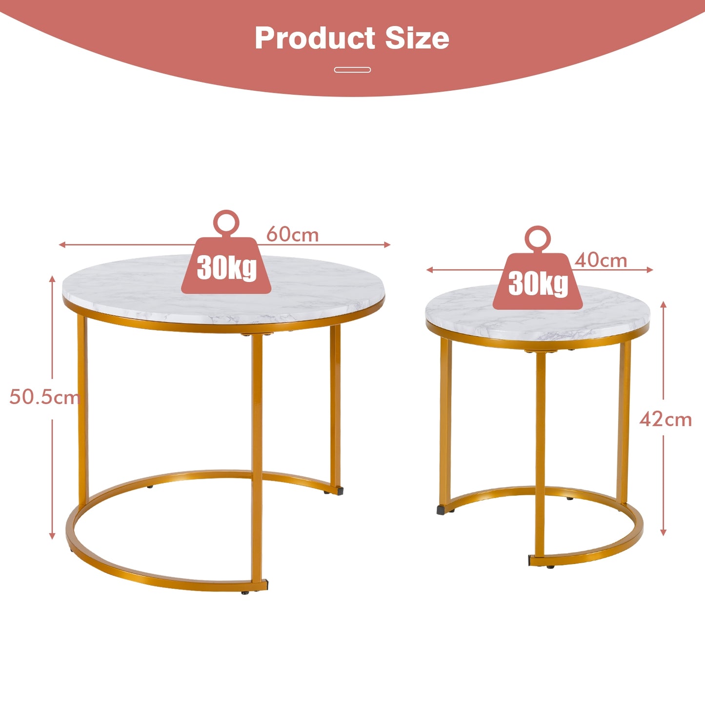 Set of 2 Stacking Round Coffee Tables with Vintage Finish and Metal Frame, Golden