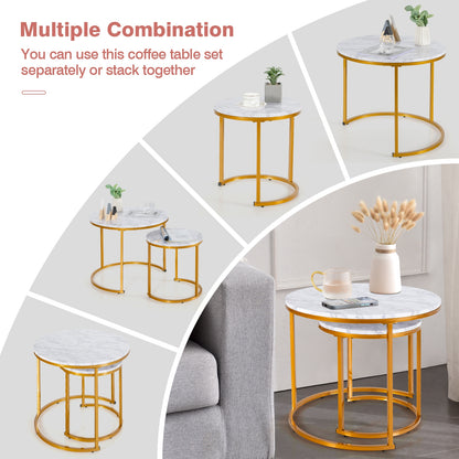 Set of 2 Stacking Round Coffee Tables with Vintage Finish and Metal Frame, Golden
