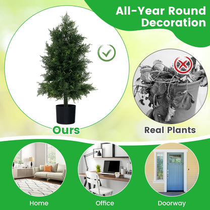 31.5" Artificial Cedar Topiary Tree with Realistic Leaves, Faux Trunk, and Cement filled Pot