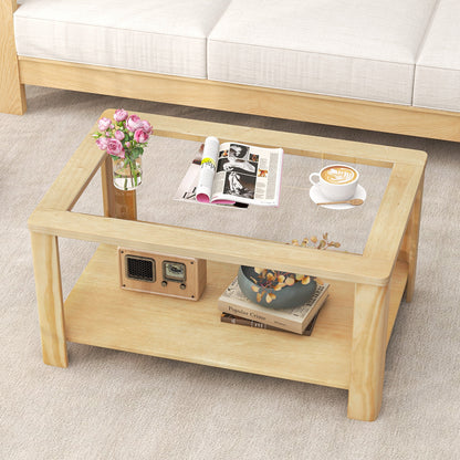 Modern 2-Tier Glass Coffee Table with Solid Wood Frame and Open Storage Shelf