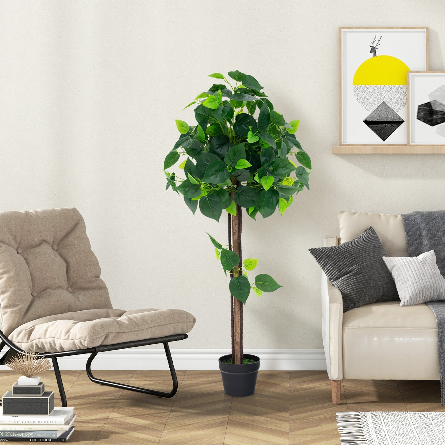 45 Inch Artificial Hydrangea Tree with Bendable Branches, Real Wood Trunk & Cement Pot