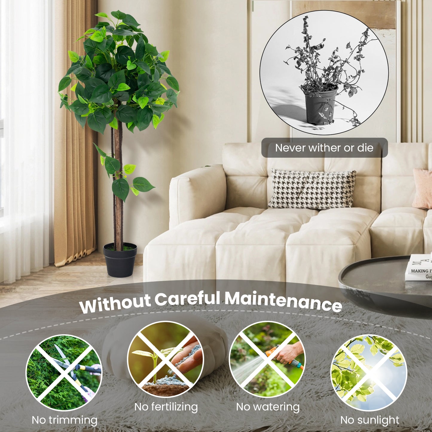 45 Inch Artificial Hydrangea Tree with Bendable Branches, Real Wood Trunk & Cement Pot