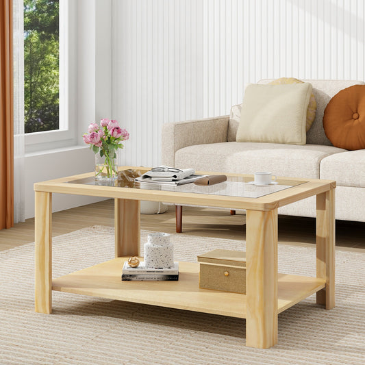 Modern 2-Tier Glass Coffee Table with Solid Wood Frame and Open Storage Shelf