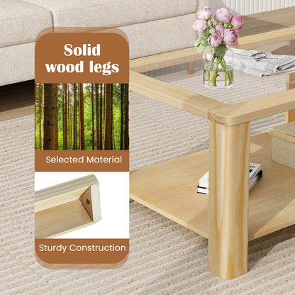 Modern 2-Tier Glass Coffee Table with Solid Wood Frame and Open Storage Shelf
