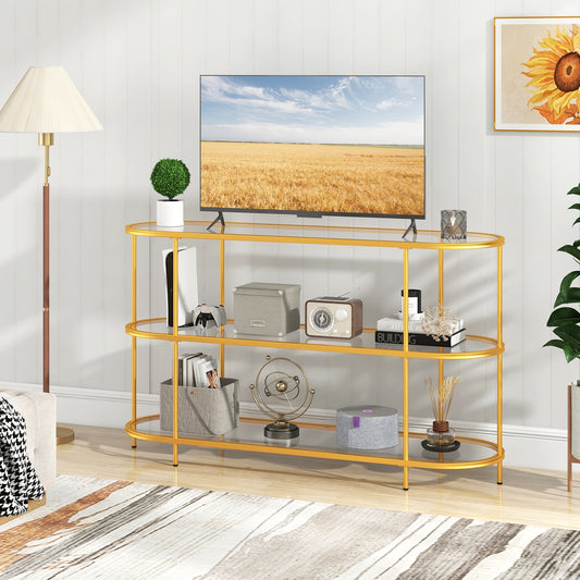 Modern 3-Tier Glass TV Stand with Metal Frame and Open Storage Shelves, Supports TVs up to 65 Inches