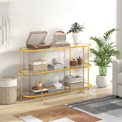 Modern 3-Tier Glass TV Stand with Metal Frame and Open Storage Shelves, Supports TVs up to 65 Inches