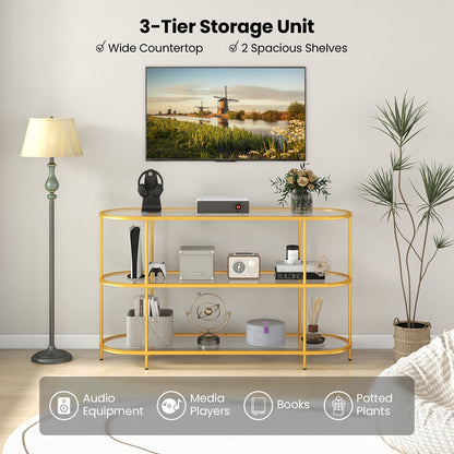 Modern 3-Tier Glass TV Stand with Metal Frame and Open Storage Shelves, Supports TVs up to 65 Inches