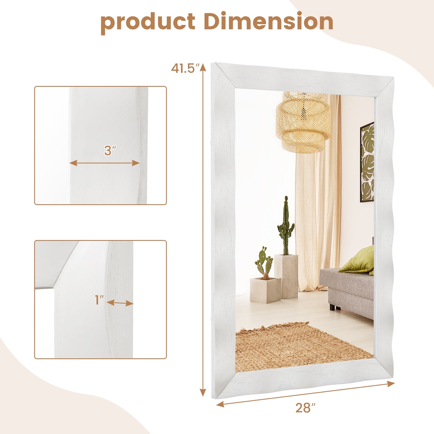 41.5 x 28 Inch Farmhouse Wall Mirror with Premium Solid Wood Frame - White