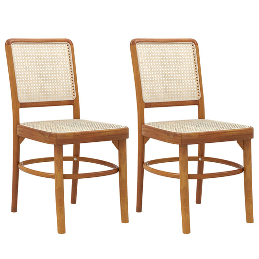 Boho Dining Chairs with Rattan and Teak Wood Frame Footrests for Indoor or Outdoor Use - Set of 2