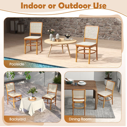 Boho Dining Chairs with Rattan and Teak Wood Frame Footrests for Indoor or Outdoor Use - Set of 2