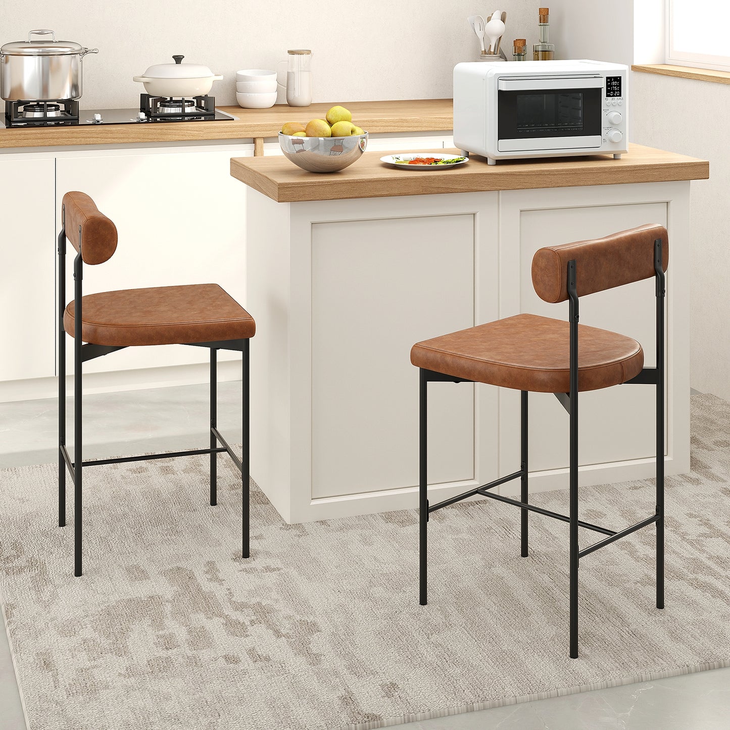 Set of 2 Upholstered Counter Height Bar Stools 20 Inch with Backrest in Brown