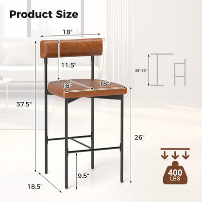 Set of 2 Upholstered Counter Height Bar Stools 20 Inch with Backrest in Brown