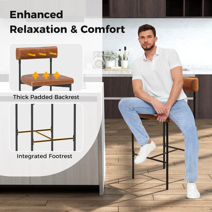 Set of 2 Upholstered Counter Height Bar Stools 20 Inch with Backrest in Brown