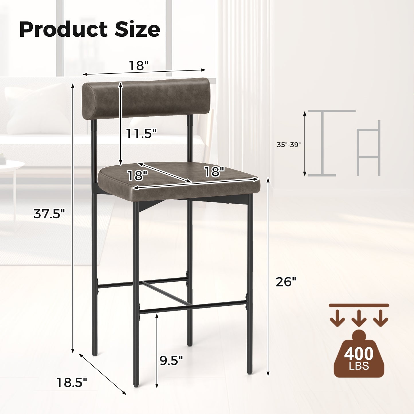 Set of 2 Upholstered Counter Height Bar Stools 20 Inch with Backrest in Grey