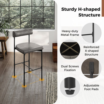 Set of 2 Upholstered Counter Height Bar Stools 20 Inch with Backrest in Grey