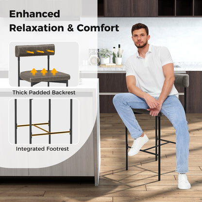 Set of 2 Upholstered Counter Height Bar Stools 20 Inch with Backrest in Grey