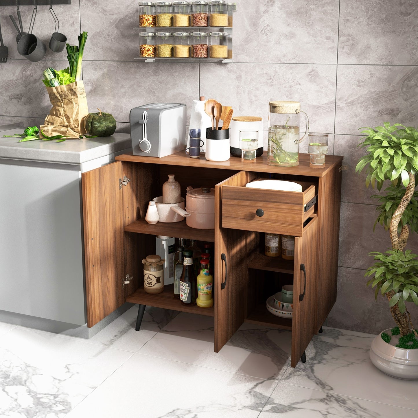 Spacious Sideboard Cabinet with 3 Doors, Pull-Out Drawer, and Adjustable Shelves for Versatile Storage